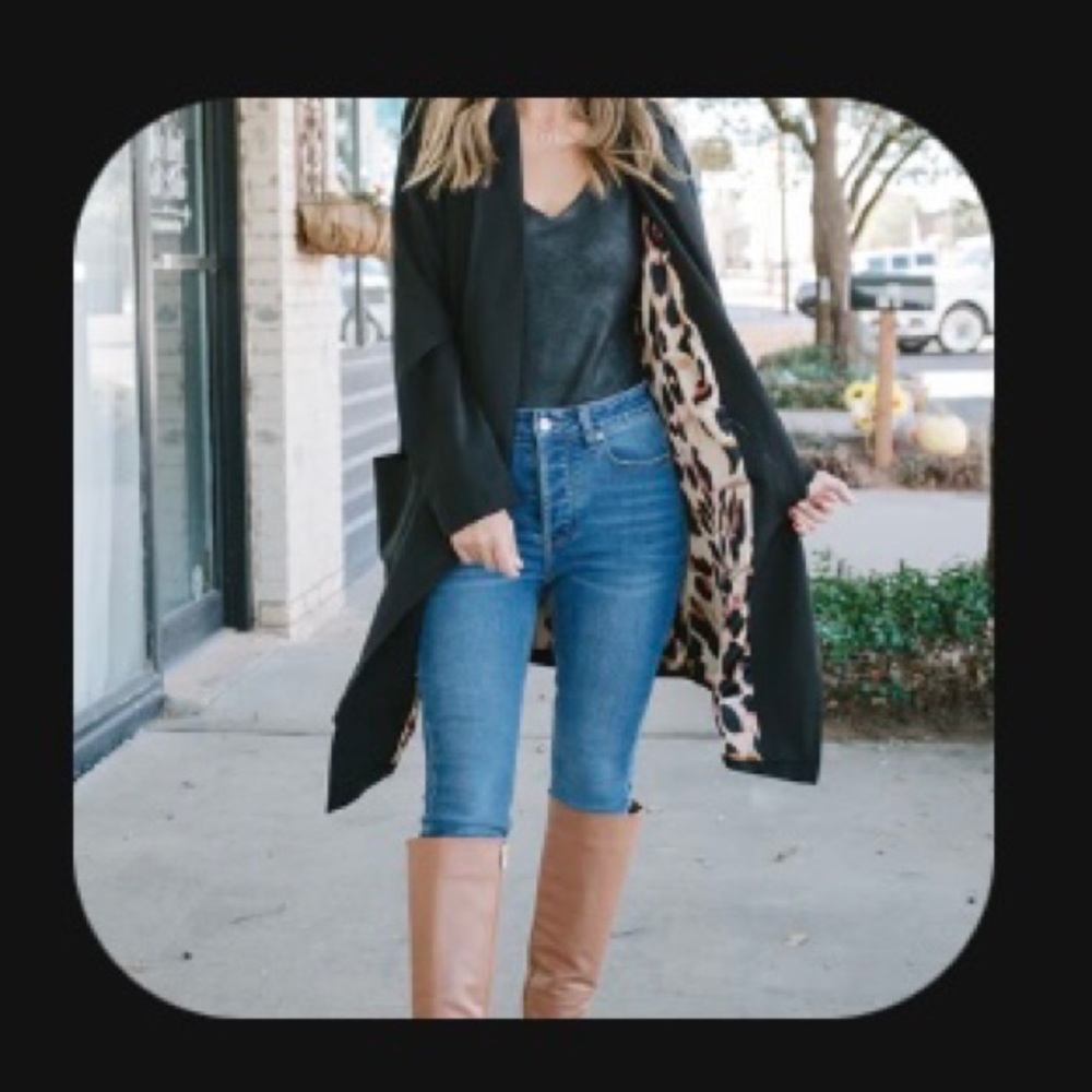 Women’s Black Leopard-Trim Long Blazer Jacket